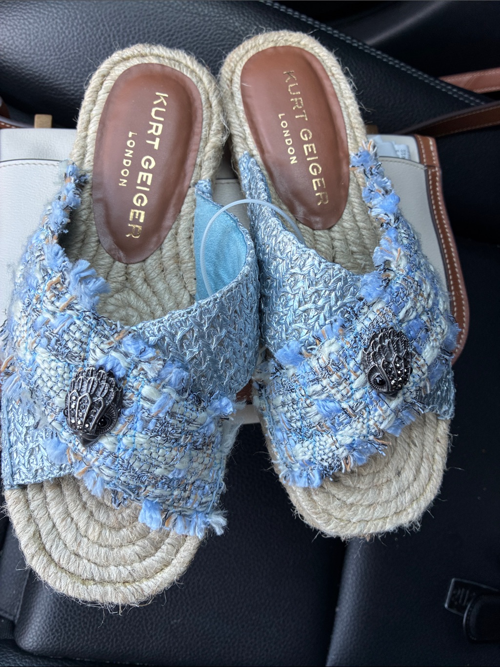 Kurt Geiger Light Blue Tweed Espadrille Slide Sandals
